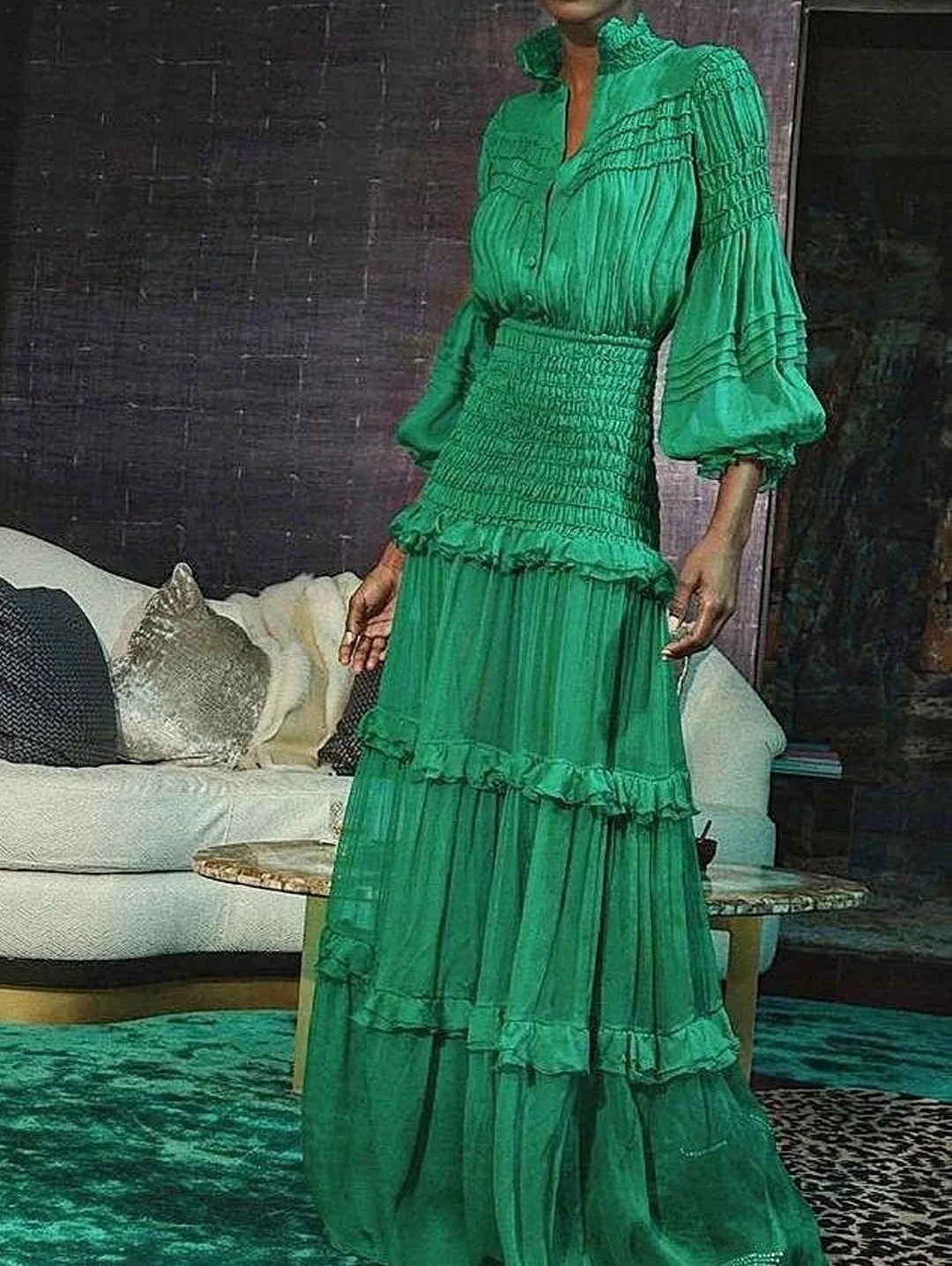 Элегантное длинное платье женское осеннее с воротником-фонариком и