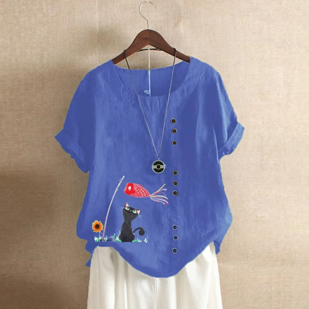 

Женская Повседневная футболка на пуговицах с коротким рукавом и круглым вырезом