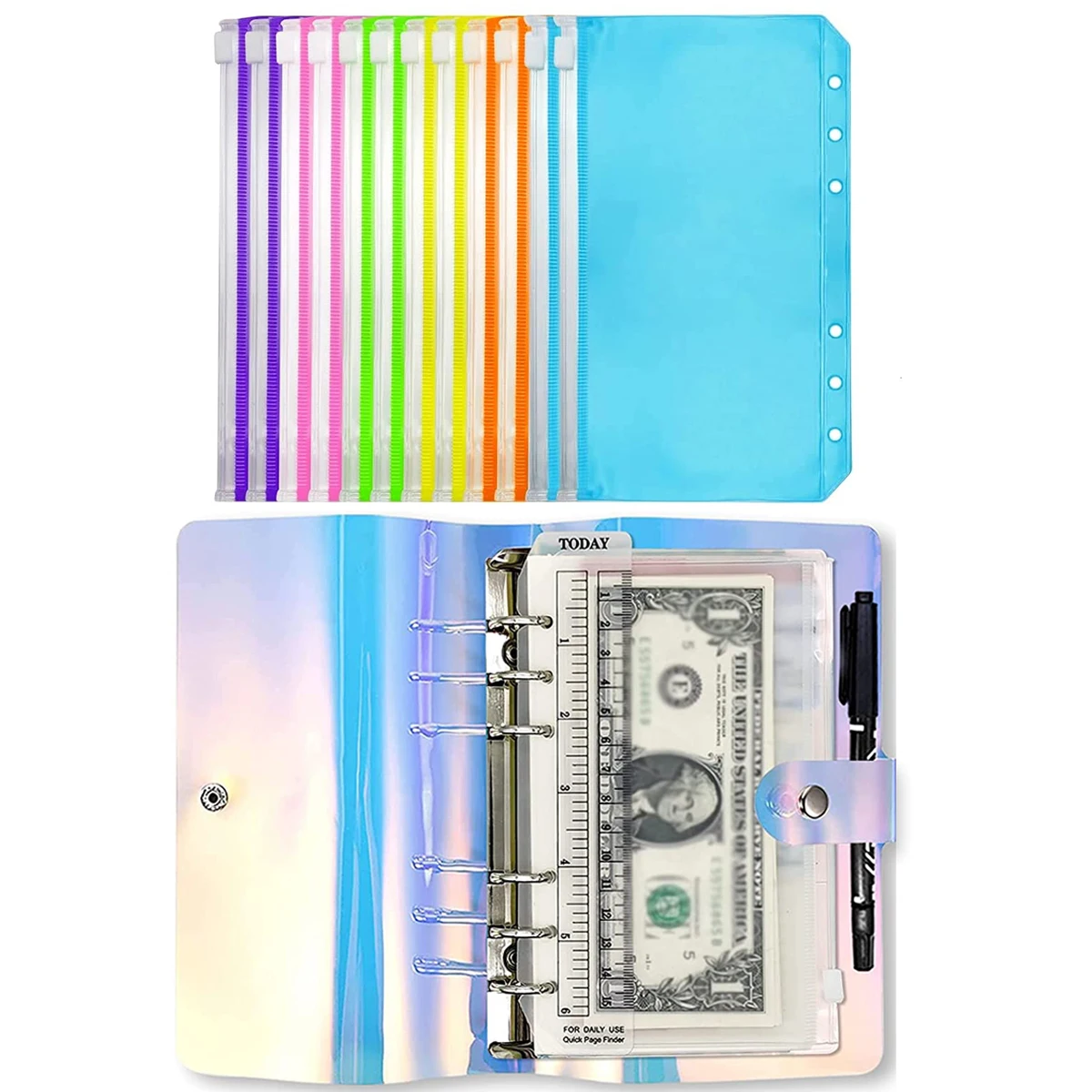 

12 Pieces PVC Colorful A6 Budget Binder Envelopes 6 Holes Zipper Pouch 6 Ring Loose Leaf Bags Cash Envelopes for Budgeting