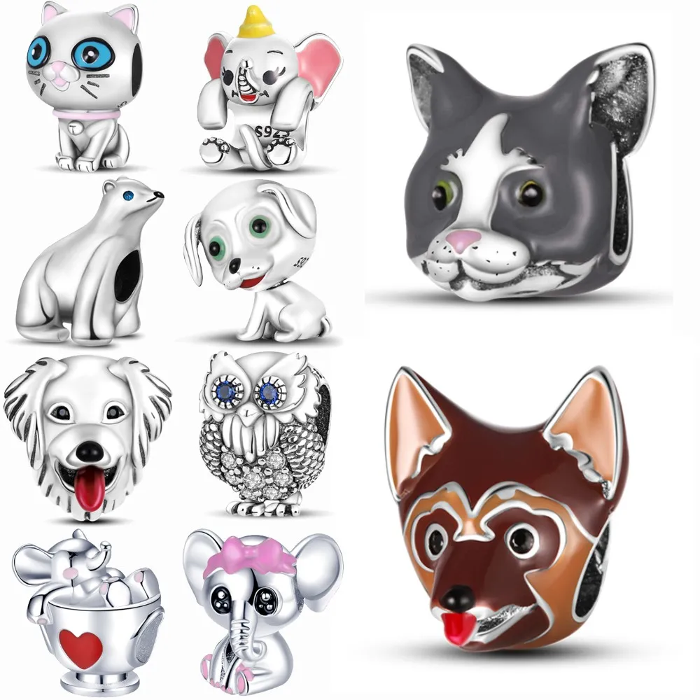 

925 Sterling Silver Animals Owl Turtle Charms Cute Cat Dog Mouse Bear Beads Fit For Pandora Original Bracelet DIY Jewelry Making