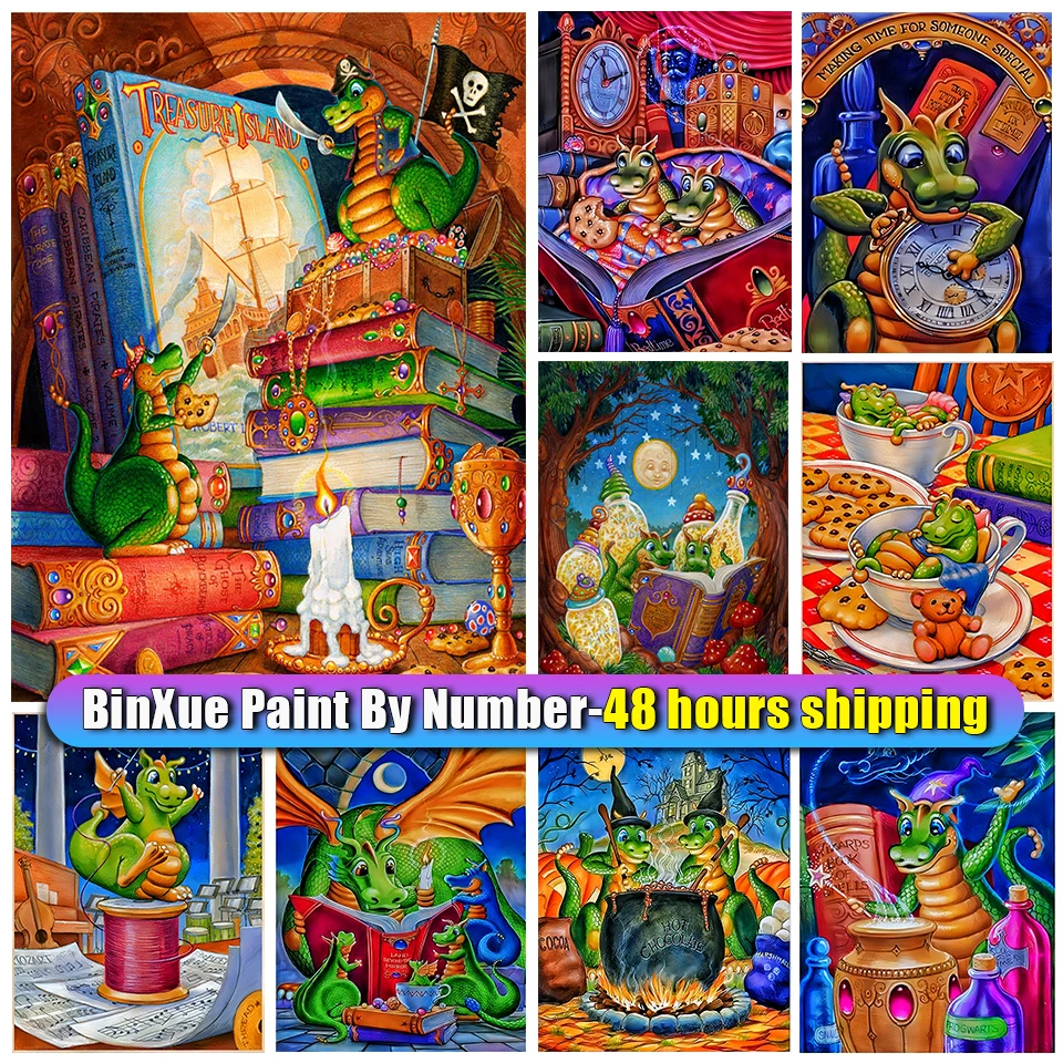 

BinXue Cartoon Dinosaur Wings Books Painting by Numbers Pirate Teacup Clock Handmade DIY Watercolor Painting Home Decor Gift
