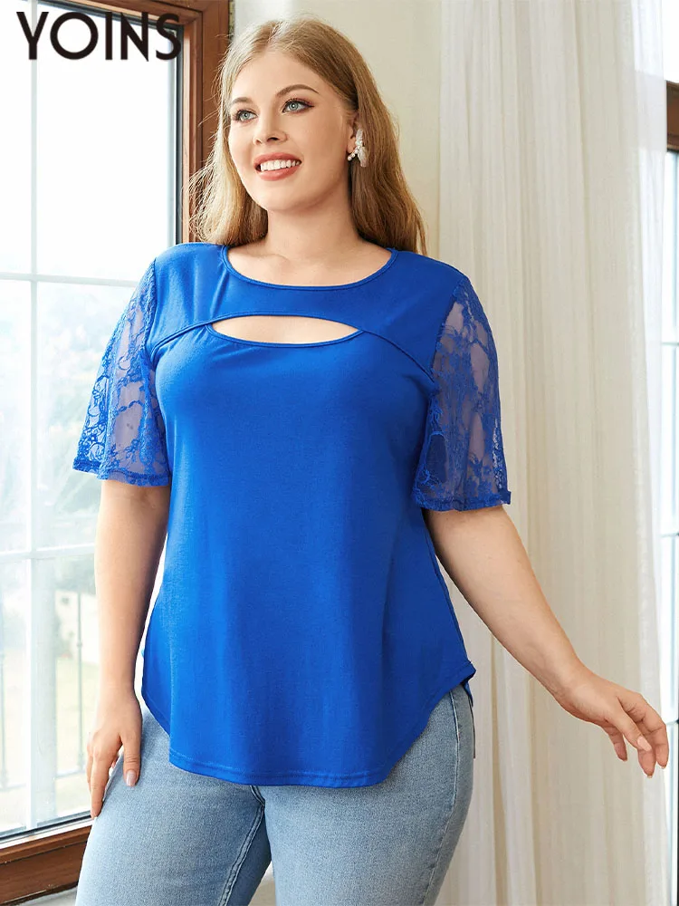 YOINS Sexy Hollow Out Tunic Tops 2022 Summer Women's Short Sleeve Lace Patchwork Blouses Plus Size Casual Solid Blusas Femininas