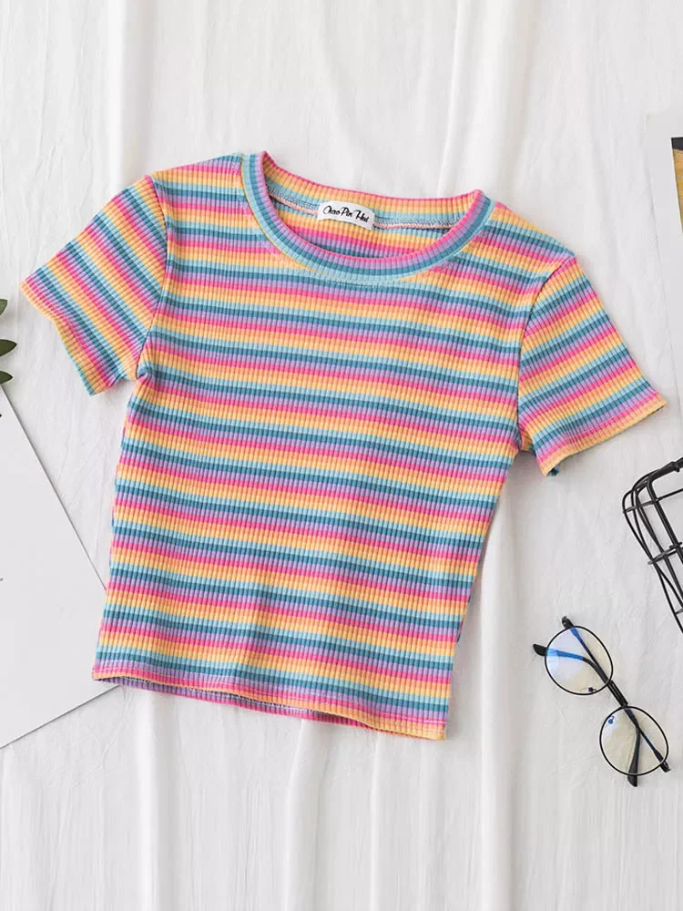 

T Shirt Women Rainbow Striped Tops Slim Fit t shirt Harajuku Tshirt Summer Short Sleeve Korean T-shirt feminina Clothes Tops