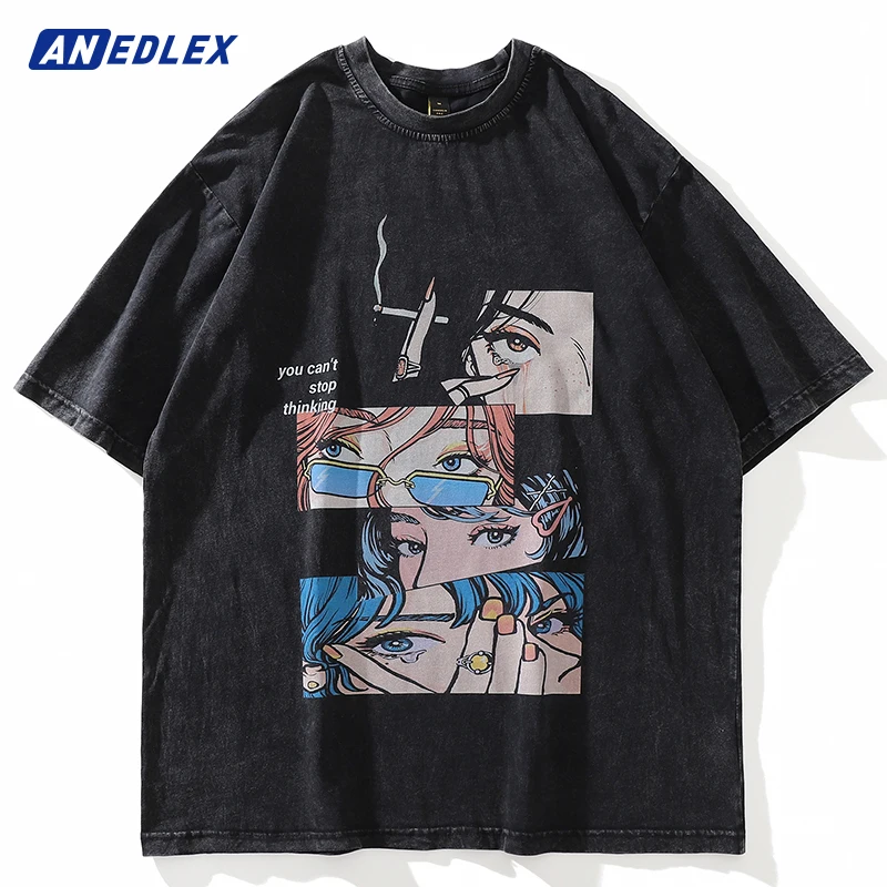 

2022 Men Washed T-Shirt Hip Hop Streetwear Japanese Anime Cartoo Girl Print Oversize Tshirt Summer Short Sleeve Cotton Loose Top