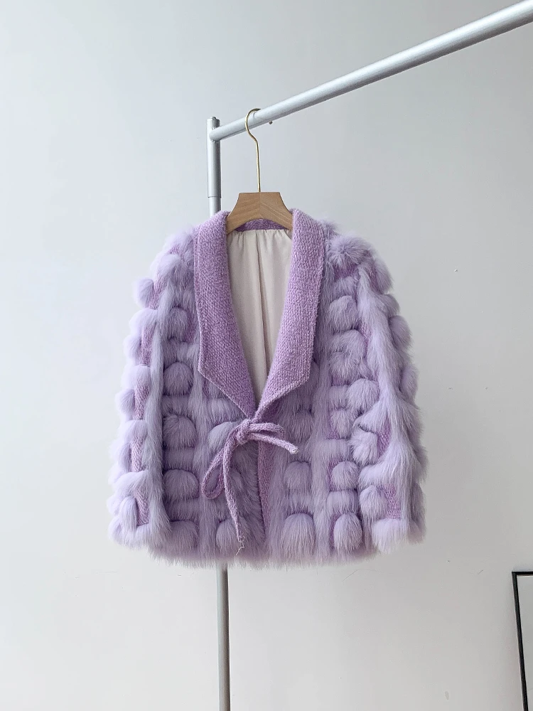 Women Winter Real Fox Fur Jacket Knitted Cardigan Thick Warm Natural Fur Jacket Turn-down Collar Outerwear Fashion Streetwear