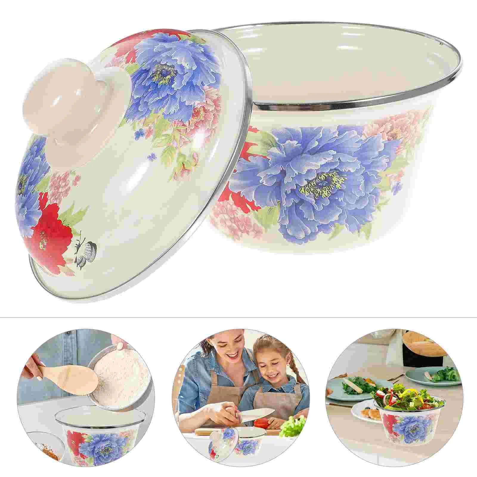 

Salad Serving Bowl Enamel With Lid Vintage Enamel Tableware