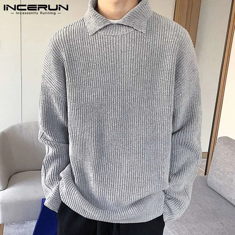 

INCERUN Tops 2023 Men's Sweaters Long Sleeve Pullover Bottoming Lapel Collar Loose Comeforable Fashion Casual Wear Sweater S-5XL