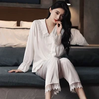 2022 new pajamas womens spring summer and autumn thin sexy long sleeve ice silk long sleeve two piece home wear french style