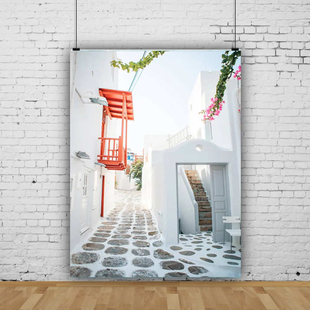 

Aegean Sea Holiday Party Decoration Bay Town Architecture Flowers Stairs Photography Background XC-15