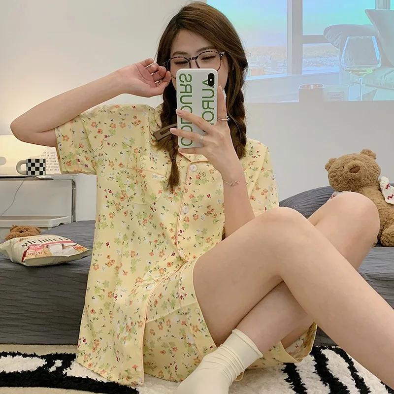 

CAIYIER Women Cardigan Short Sleeves Sleepwear Suit Korean Flower Girls Nightwear Soft Sexy Summer Pajamas Set Female Loungewear