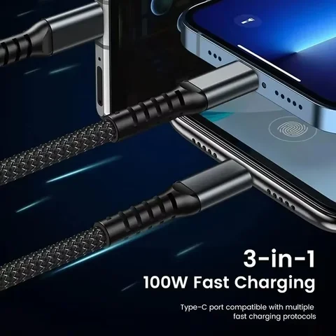 3 в 1 100 Вт прозрачный кабель для быстрой зарядки Lightning Type C Micro USB для Iphone Samsung Huawei Xiaomi кабели для зарядного устройства для планшетов