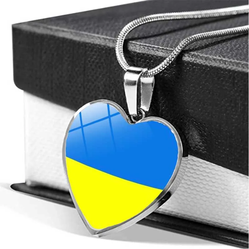 

Ukraine Flag Heart Necklace Crystal Ukrainian National Symbol Glass Cabochon Pendant Choker Necklaces for Women Jewelry Gifts