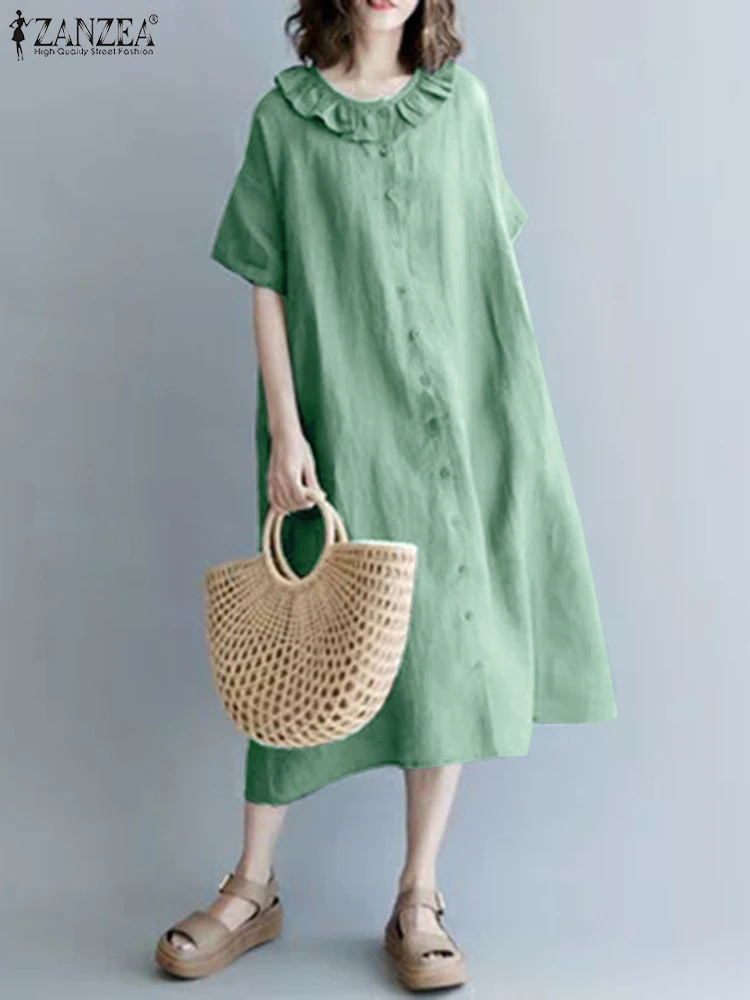 

ZANZEA Women Holiday Loose Midi Dress 2023 Autumn Korean Ruffle Collar Casual Buttons Short Sleeve Vestido Solid Long Robe Femme