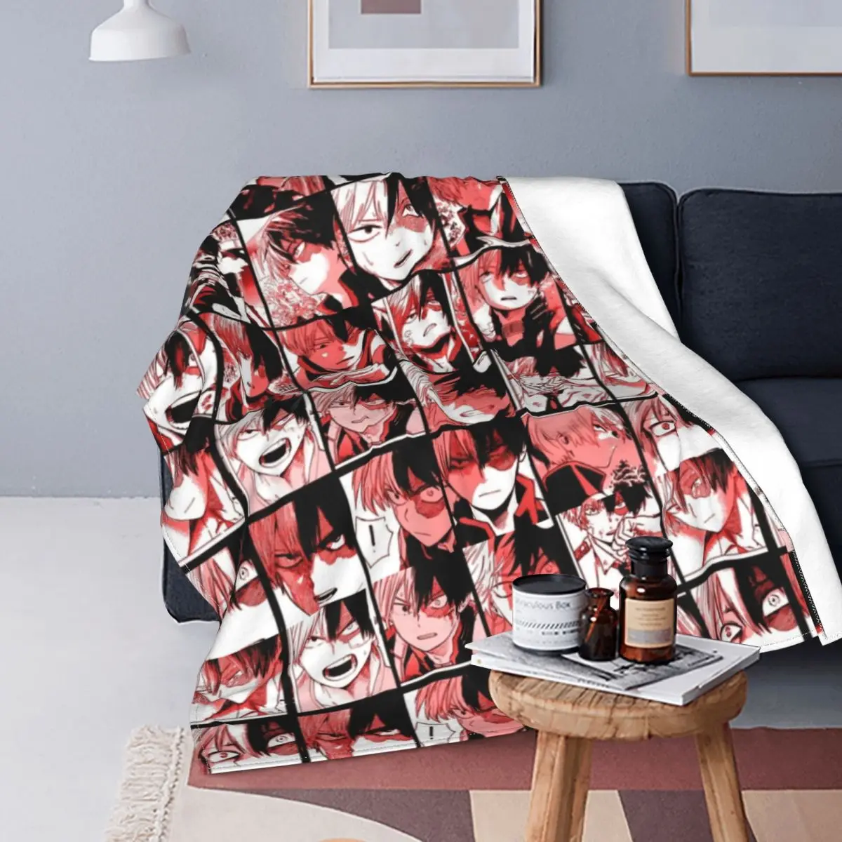 

Todoroki Shoto Collage Plush Blanket Boku No My Hero Academia Academy Plaid Anime Throw Blanket for Sofa Bedding Lounge Quilt