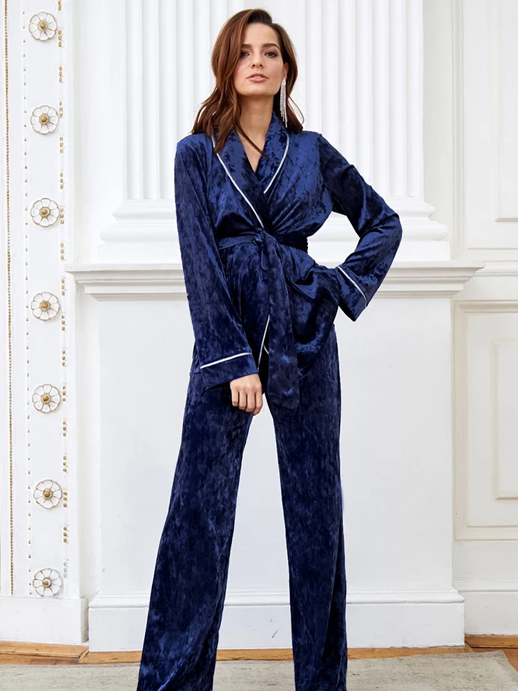 

Linad Knitted Velvet Women's Home Clothes 2 Piece Sets Long Sleeve Sleepwear Sashes Casual Female Trouser Suits Autumn 2022