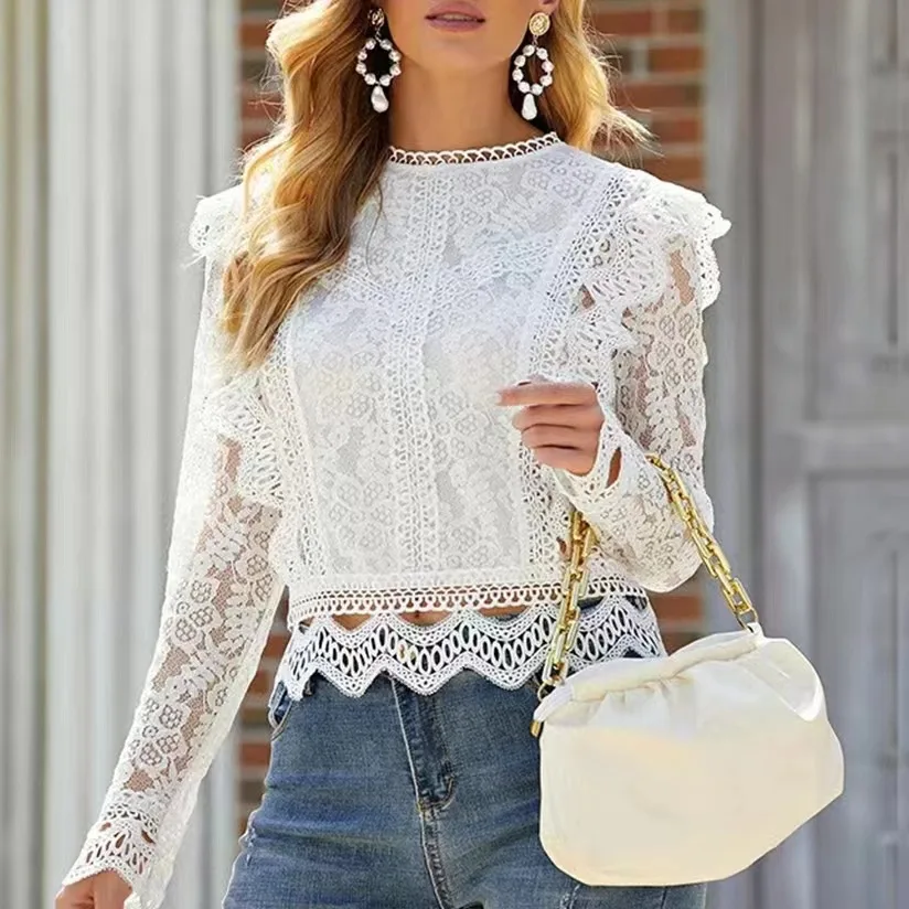 

Fashion Womens Lace Crochet Flower Blouses Blusas Ladies 2023 Cotton Sexy Long Sleeve Slim Shirts Hallow Tops Roupas Femininas