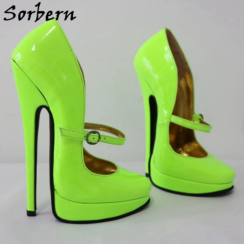 Sorbern Neon Green Women Pumps Round Toe Mary Janes 18Cm High Heel Stilettos Slant Platform Sissy Boy Fetish Heeled