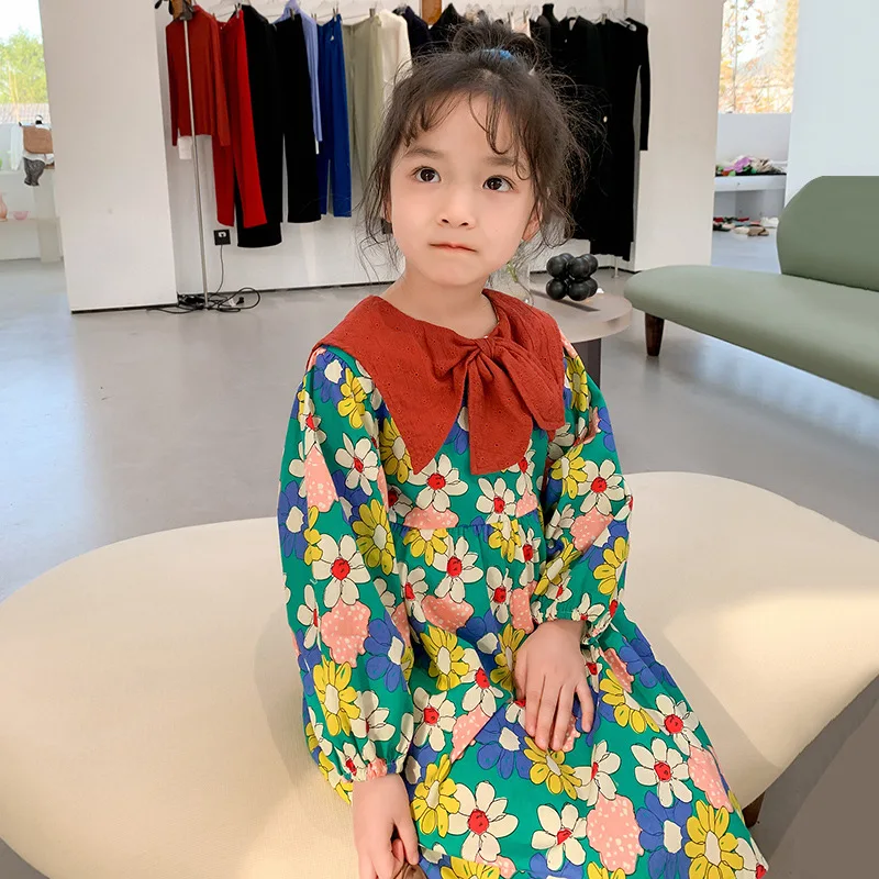 

2022 New Girls Floral Dress Baby Girls Long Sleeve Dresses Girls Kids Cute Dresses Spring Costumes Children Bowknot Vestidos