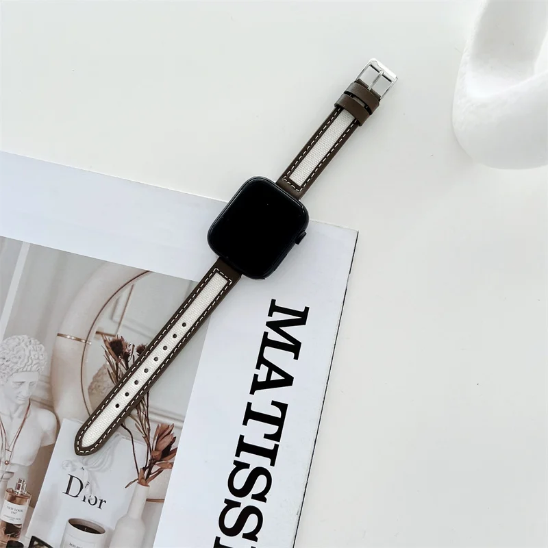 Великолепный мягкий кожаный + холщовый ремешок SE7 6 5 4 для Apple Watch тонкий браслет 38