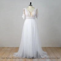 simple wedding dresses flower piping tulle v neck draped lace open back floor length print high quality gowns robe de ma