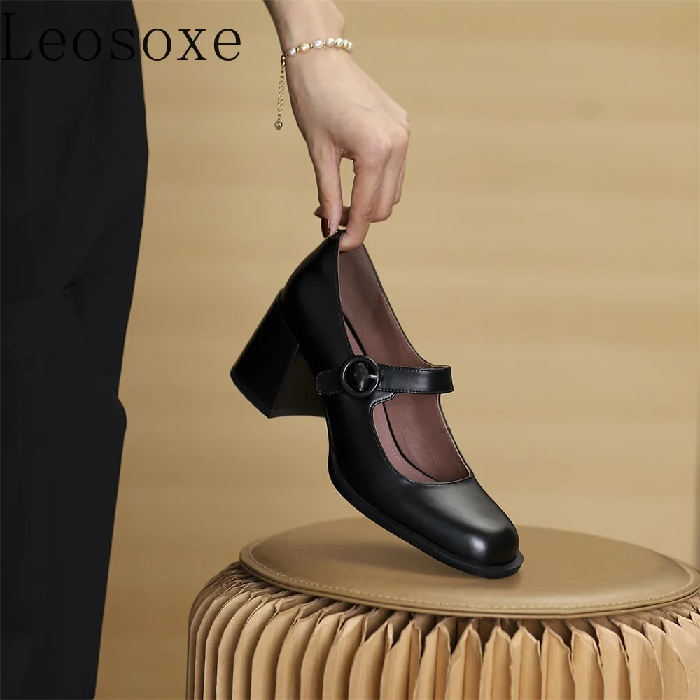Woman High Heel Shoes Square Heels Round Toe Mary Janes Pumps Buckle Strap Black Brown Handmade Elegant Lady Shoes 2022 New