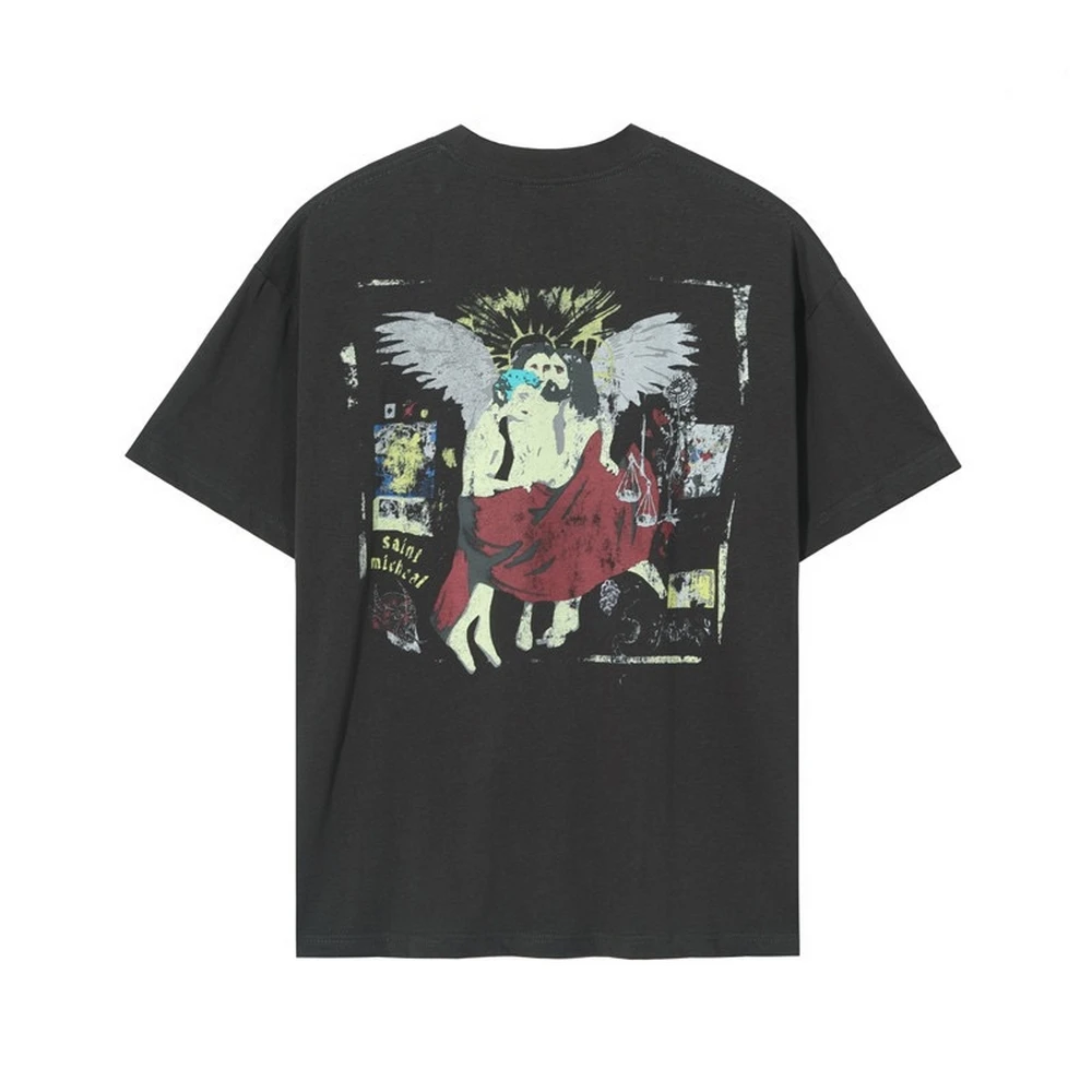 

Kanye West Vinatage Graffiti Angel Print Hip Hop High Street Worn-out Short-sleeved Loose American Style Leisure Retro Tops