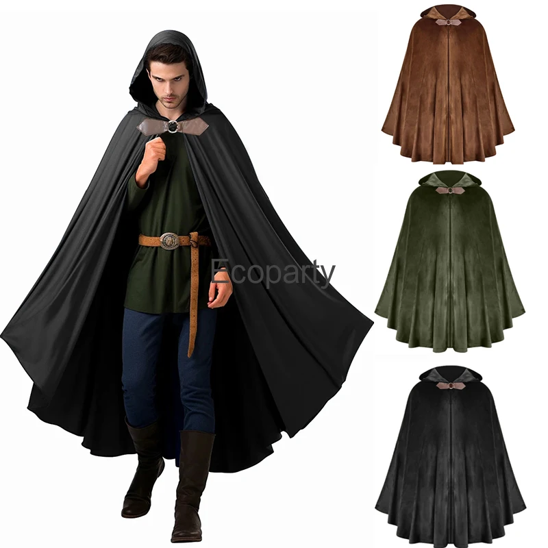 

New Men Medieval Cloak Retro Hooded Long Cape Coat Viking Black Pirate Warrior Cosplay Cloaks Halloween Party Costumes For Adult