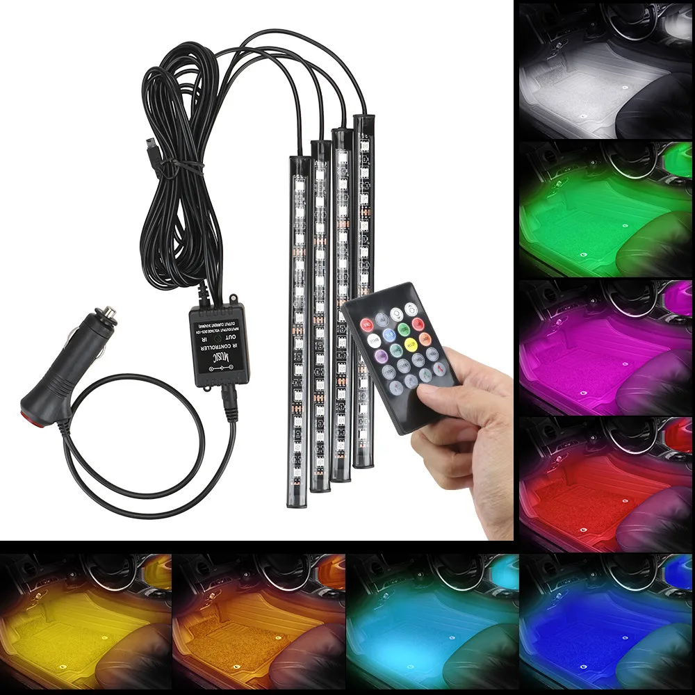 

LED Car Foot Light Ambient Lamp With USB Wireless Remote Music Control Multiple Modes Automotive Interior Decorative RGB Lights