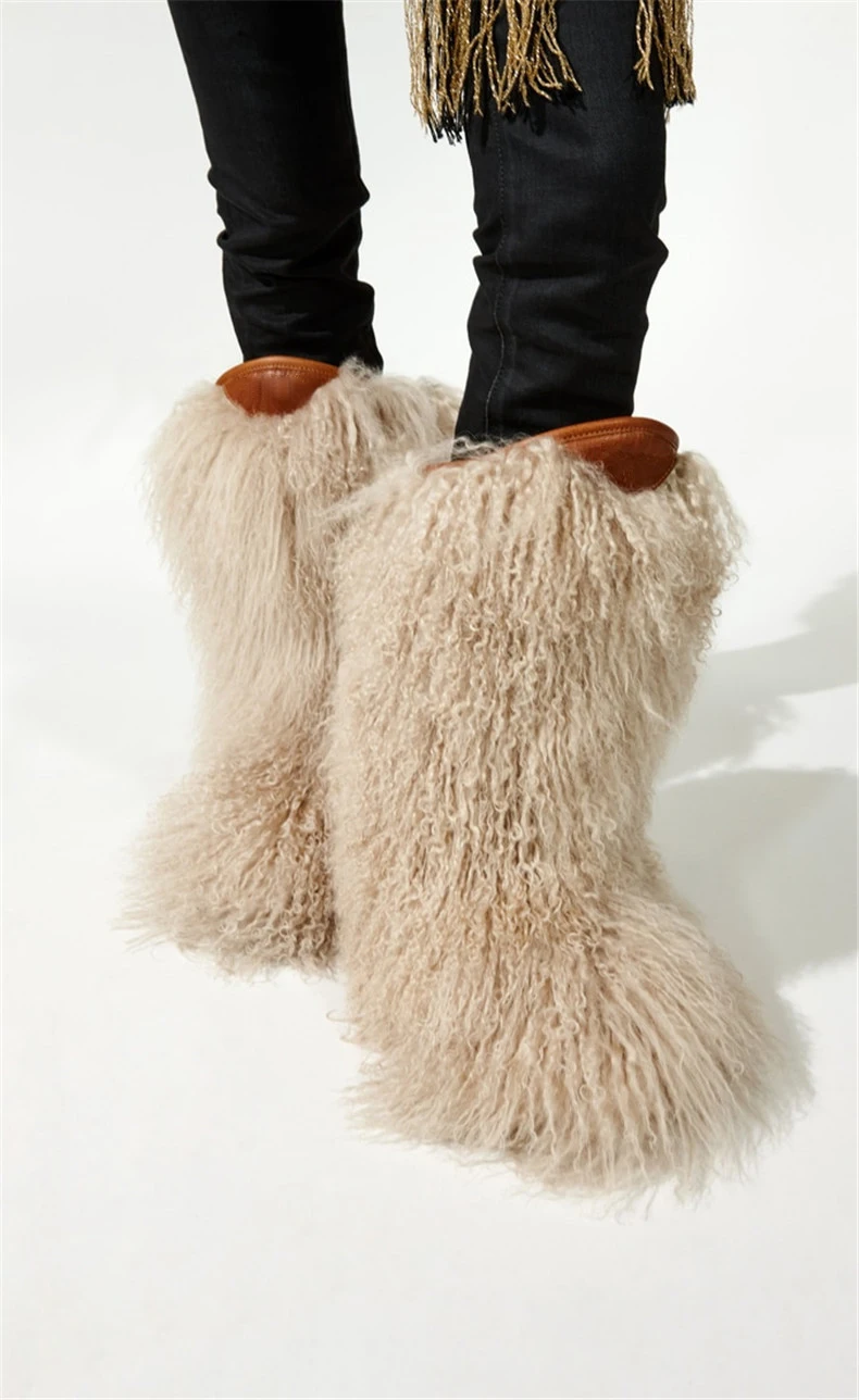 

European Women Winter Curled Long Wool Fur Snow Boots Flats Mid calf Boots Girl's Fashion Full Fur Tassel Covered Short Boots