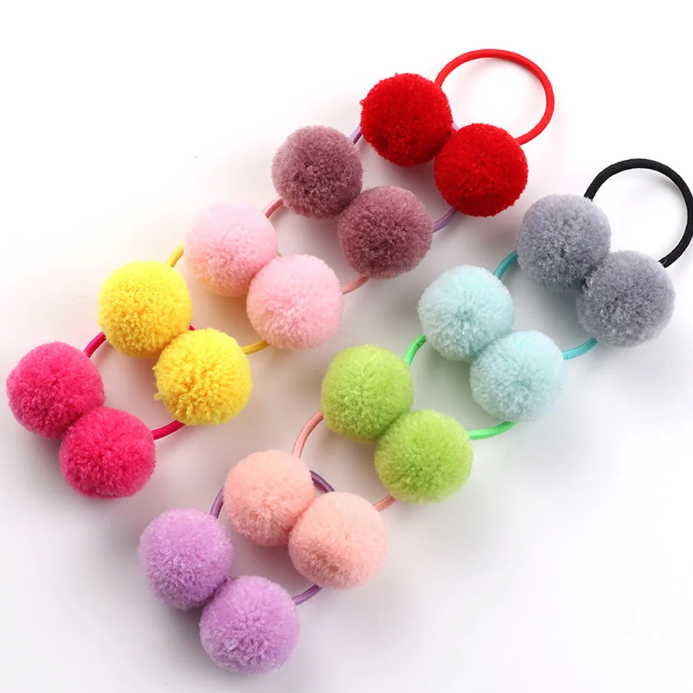

2 pcs Ponytail Holder Small Solid Double Fur Ball With Elastic Rope Handmade Hair Band For Kids Girls Hair Accessories