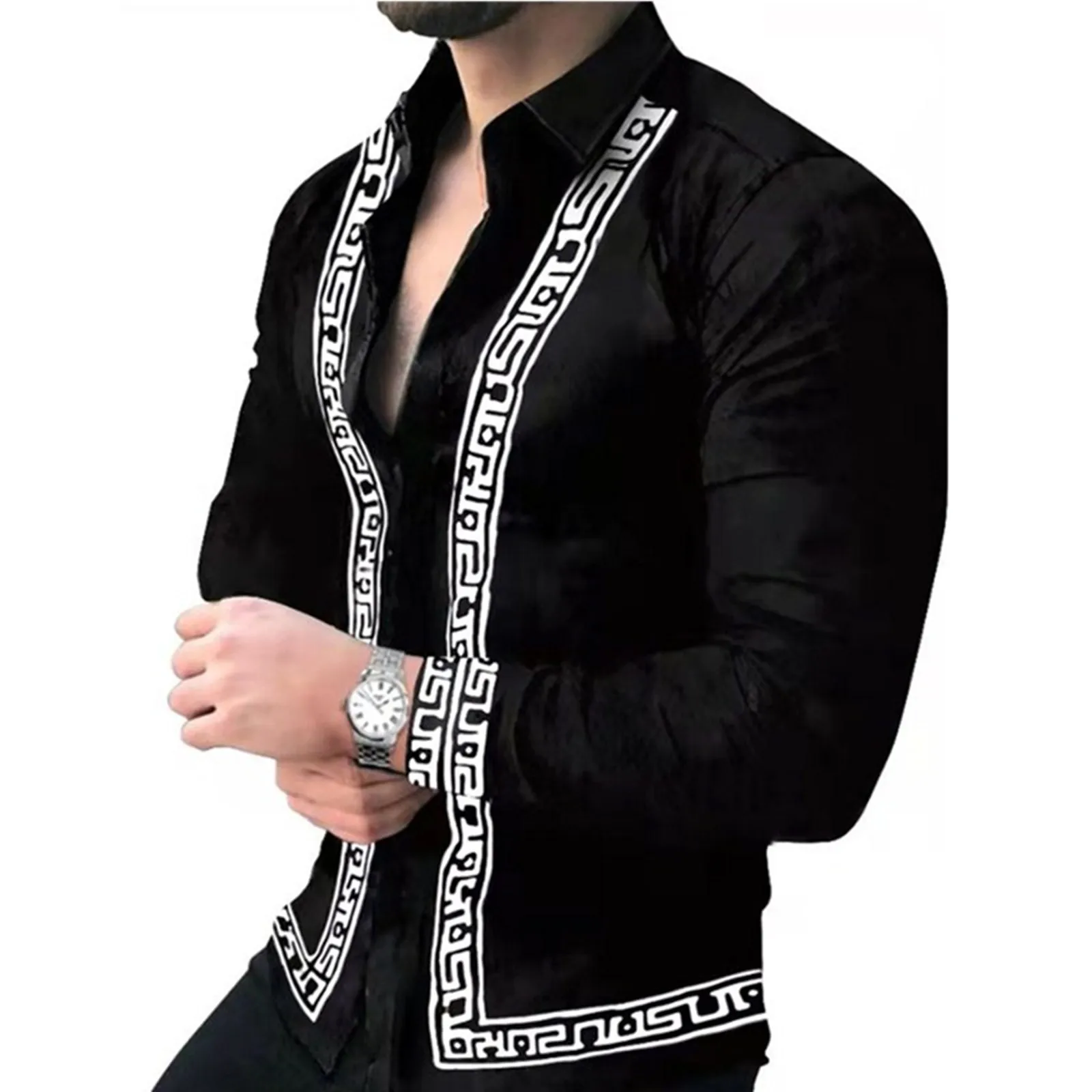 

Мужская рубашка с отложным воротником, белая Гавайская кофта с длинными рукавами и геометрическим принтом, на пуговицах, весна-осень 2019