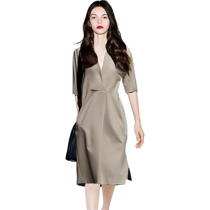 

Sensible OL khaki dress 2022 summer new five-point sleeve temperament V-neck Slim A-line dress tide