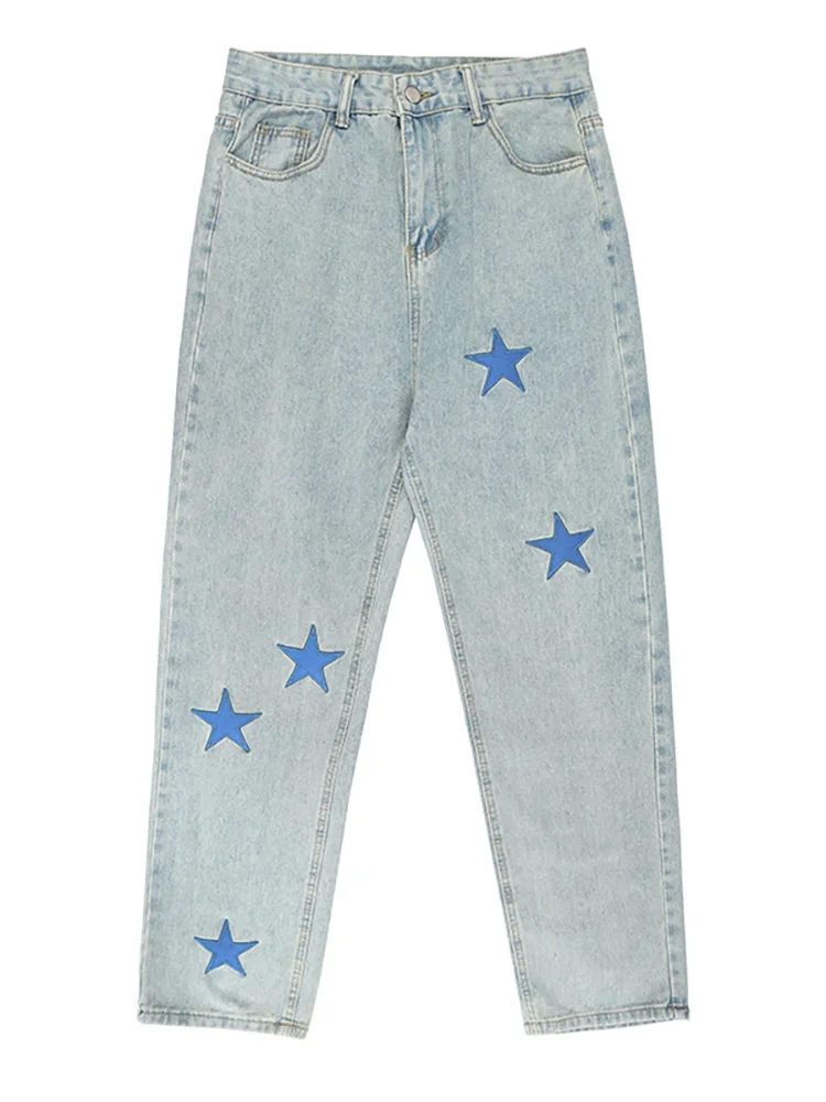 Four Seasons Men's Jeans High Street Star Pattern Embroidered Jeans Trendy Street Distressed Straight Loose Casual Pants JEANS