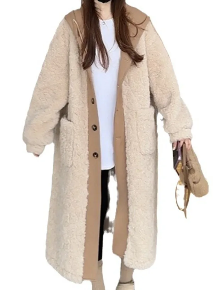 LGRQ женское пальто с капюшоном из овечьей шерсти зимняя мода 2024 теплая женская