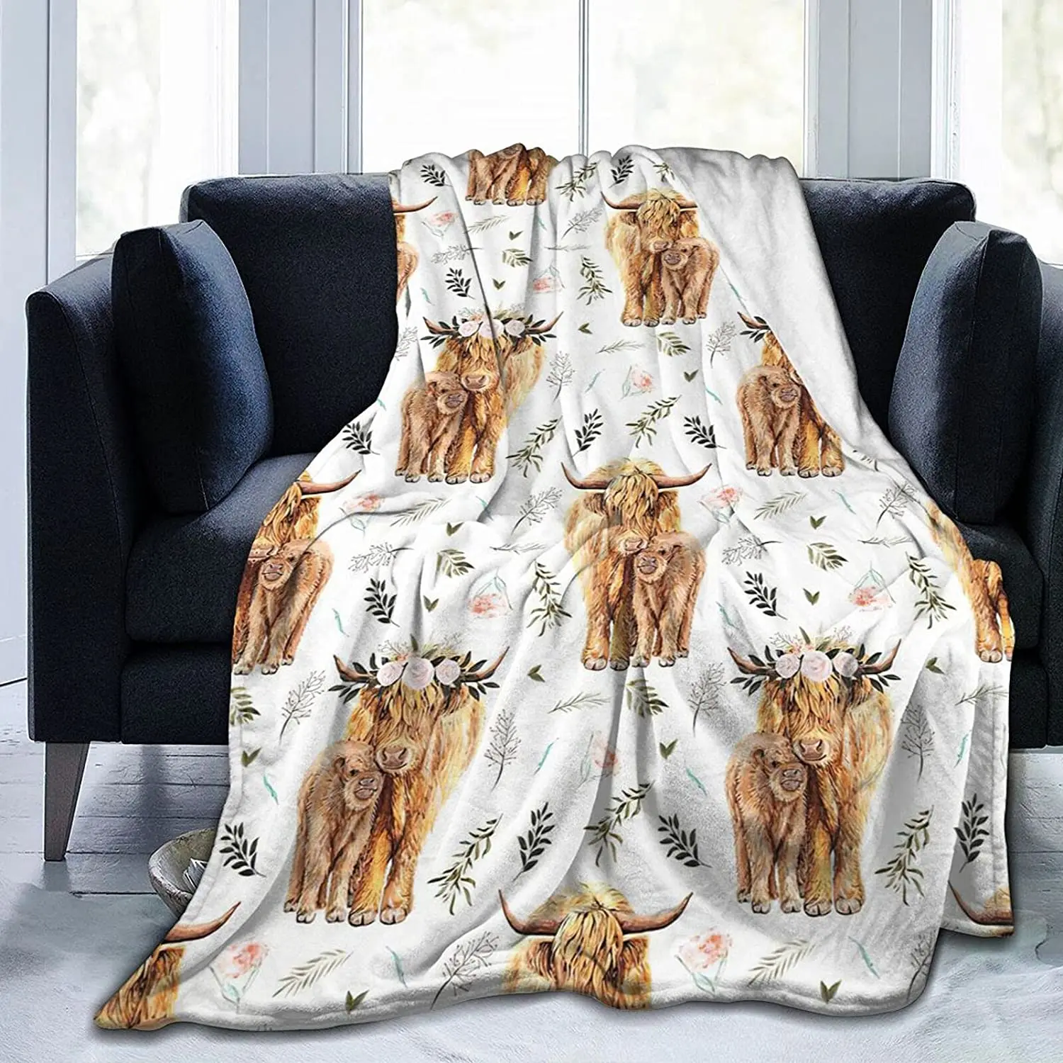 

Highland Cow Print Blanket Throws Cute Rustic Farm Animal Cow and Flowers Throw Blankets Soft Cozy Fleece for Girls Kids Adults