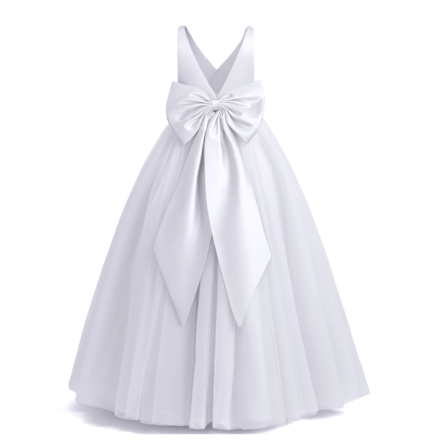 5-14 Year Bridesmaid Girl Lace White Flower Dress For Wedding Ceremony Elegant Junior Young Girls Big Bow Pageant Prom Long Gown