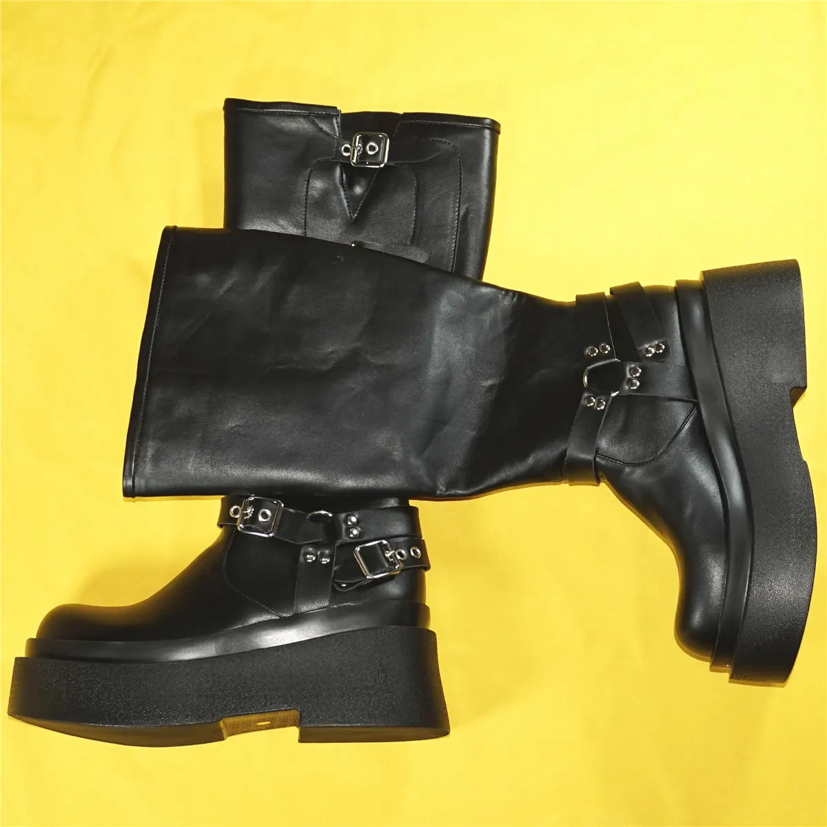 Black Chunky Platform Pumps Shoes Women Pull On Wedges High Heel Knee High Boots Female Round Toe Fashion Sneakers Casual Shoes