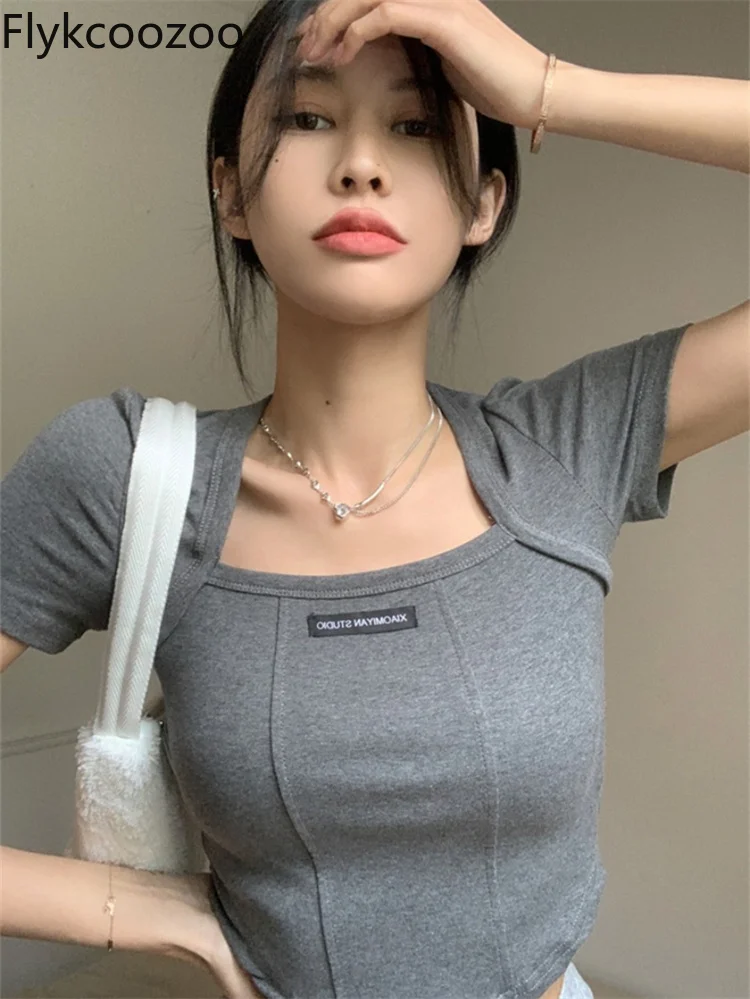 

FlykcoozooiT-женская летняя футболка с коротким рукавом, обтягивающий сексуальный кроп-топ, серая уличная одежда, Женская мода 2022, новый тренд