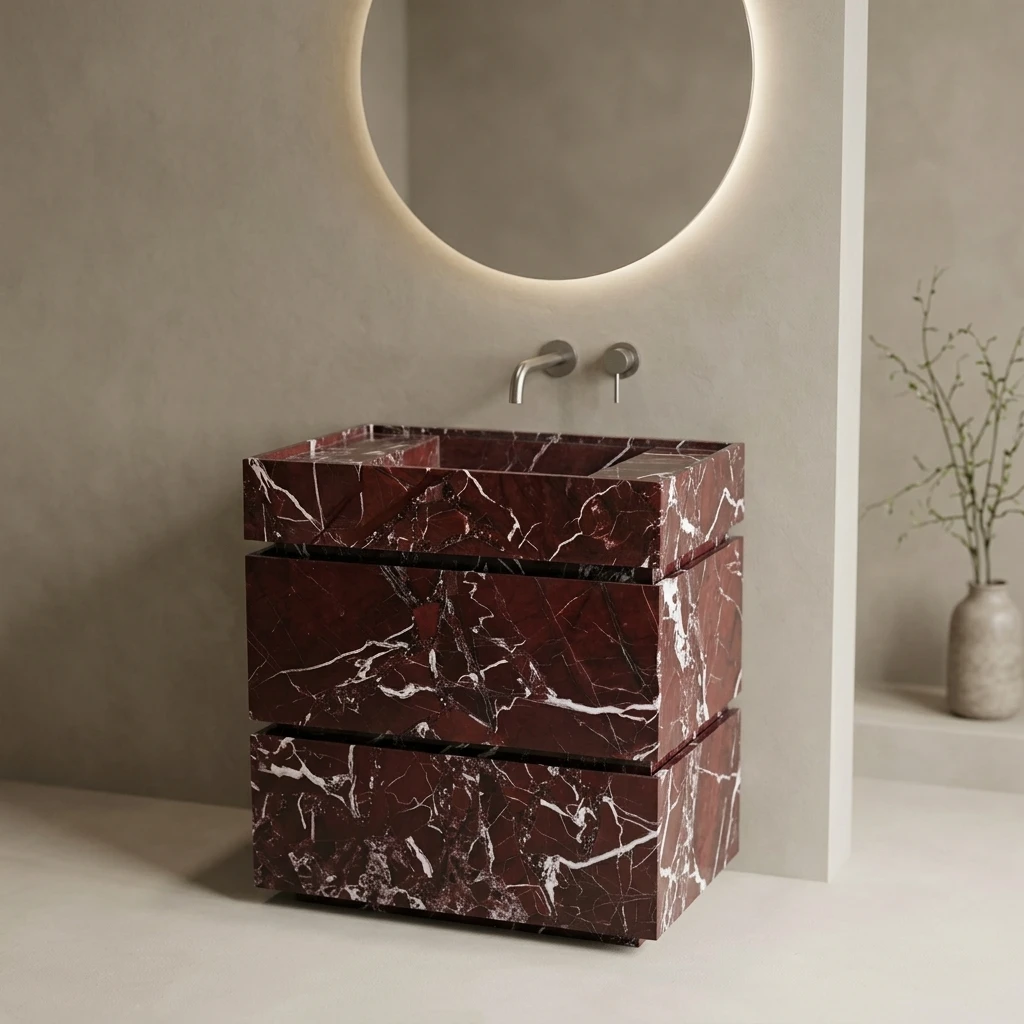 # Роскошная отдельно стоящая раковина из красного мрамора Rosso Levanto, прямоугольная, с тумбой и каменной столешницей для декора ванной комнаты. (art.: 3920dccbc6b9c) - 3920dccbc6b9c