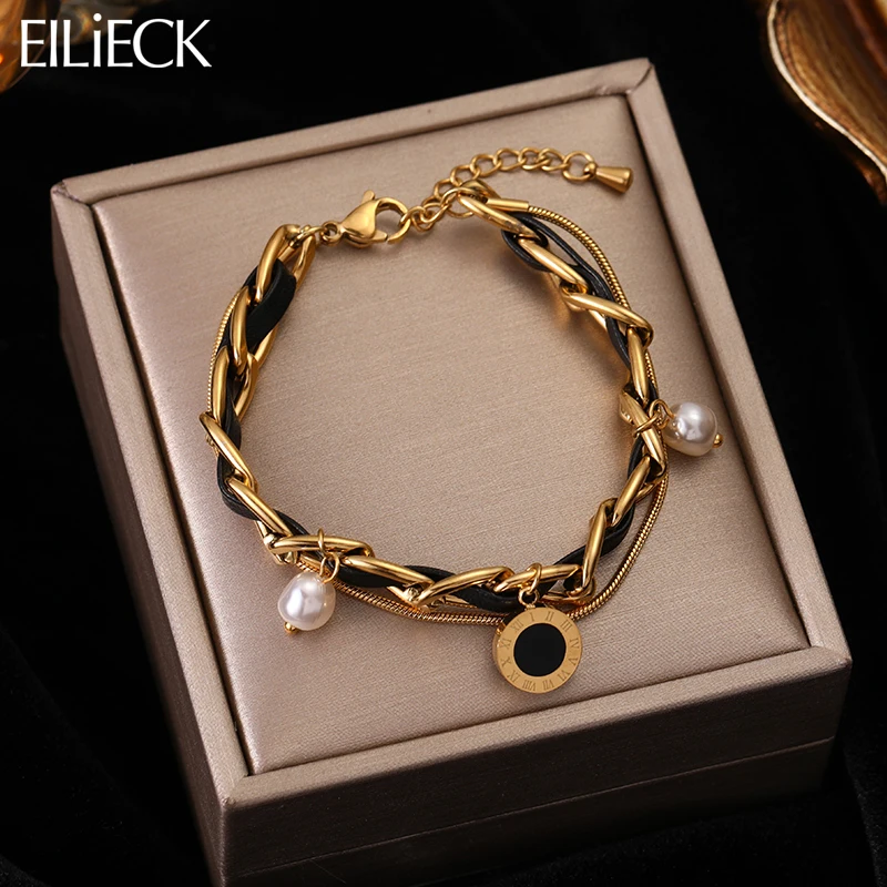 

EILIECK 316L Stainless Steel Leather Cord Metal Thick Chain 2-Layer Charm Bracelet Roman Numeral Dial Bracelet For Women Jewelry