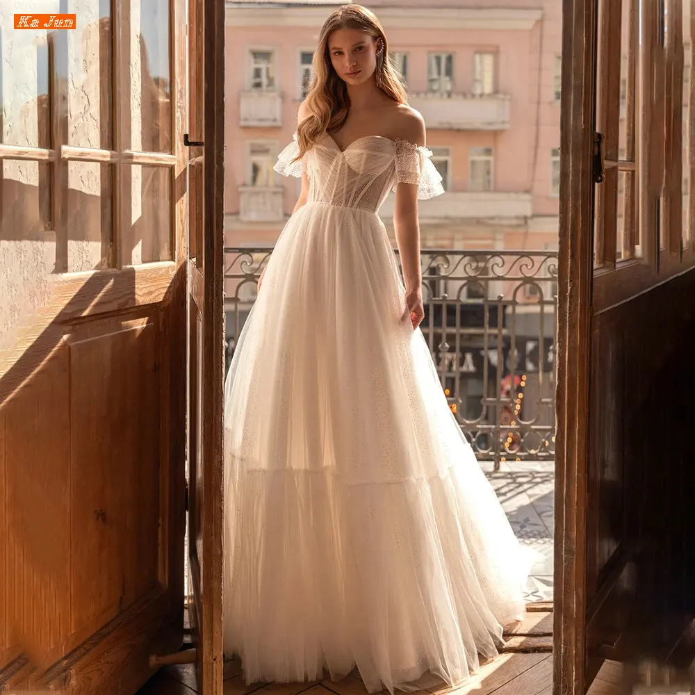 

KA JUN Off The Shoulder Short Sleeves Wedding Dress Robe De Mariée Sweetheart Pleated Tulle Boho A Line Bridal Gown Vestidos
