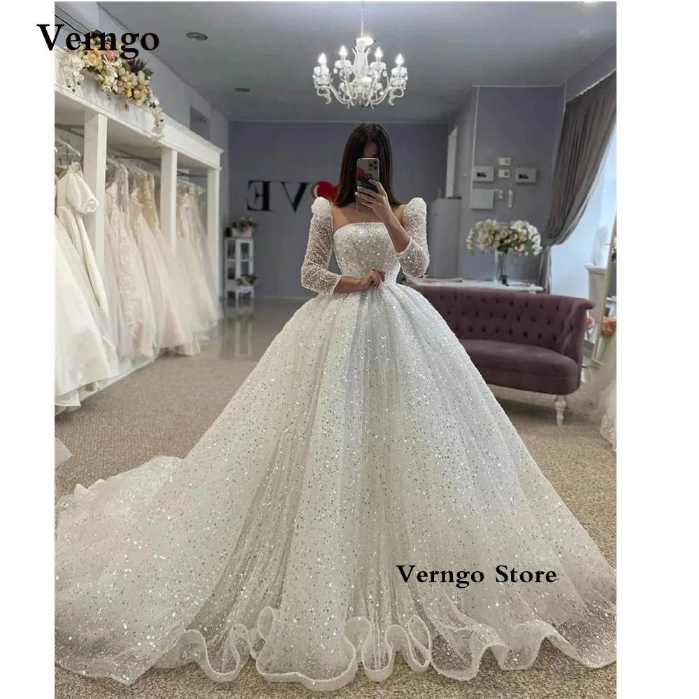 

Verngo Princess Glitter Wedding Dresses Long Sleeves Strapless Ball Gown Bridal Gowns Court Train Dubai Women Robe de mariage