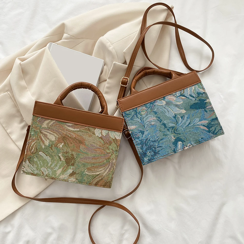 

Casual Women Canvas Patchwork Crossbody Bags Plaid Flower Oil Painting Printing Messenger Bag PU Leather Shoulder Bags