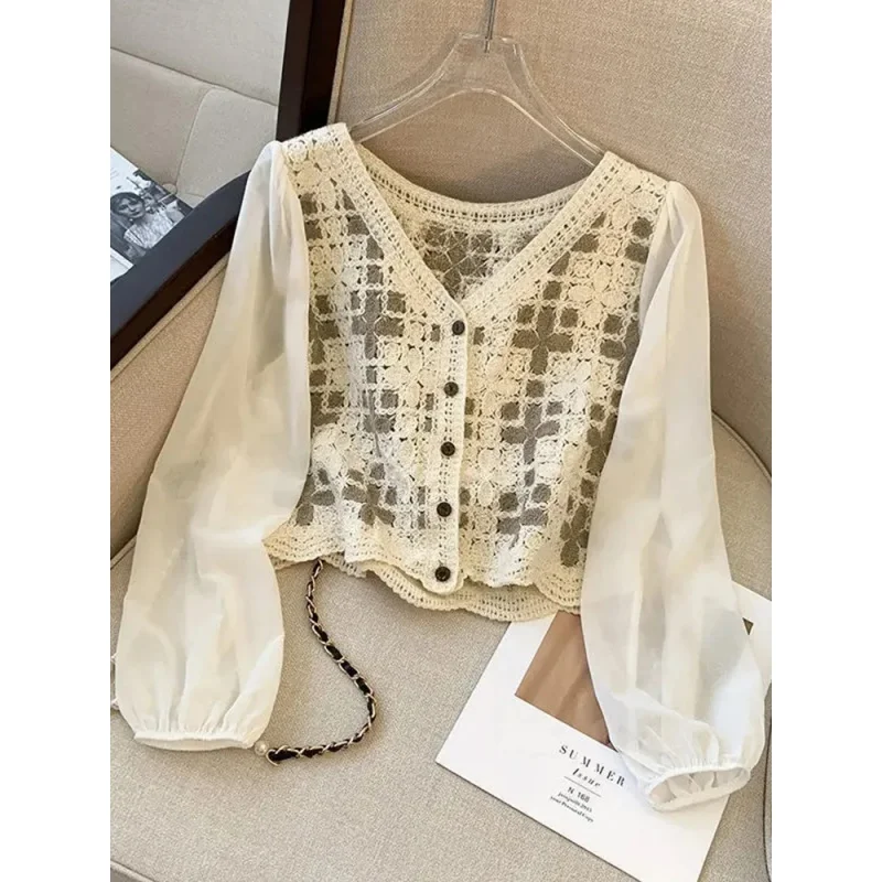 

Spring Fashion Striped Print Women Blouse Long Sleeve Patch Pockets Cropped Loose Shirt Female Oversize Top Y2K