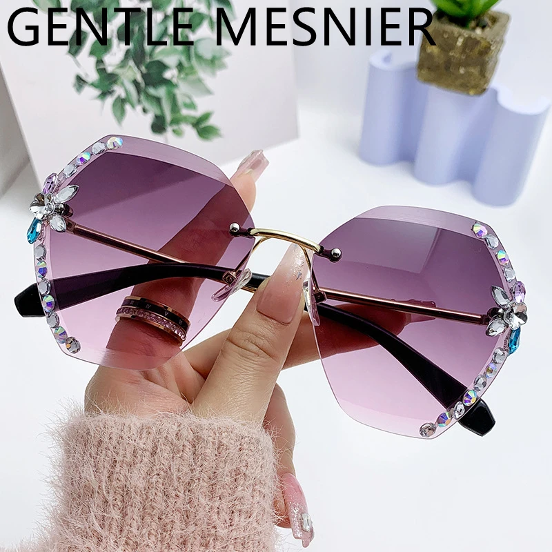 

2023 Fashion Diamond Sunglasses Luxury Brand Designer Rimless Women Vintage Gradient Lens for Men Female Uv400