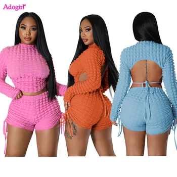 Adogirl Puffy Popcorn 2 Piece Sets Women Outfits Lace Up Backless Long Sleeve Crop Top Drawstring Shorts Sexy Suit Tracksuits 1