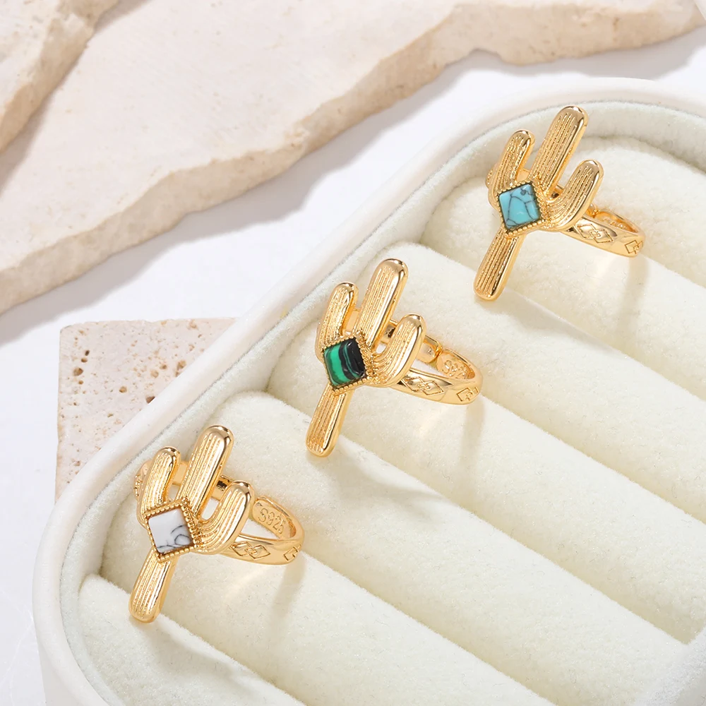 

Punk Natural Stone Cracked Ring Stainless Steel Cactus Rings Classic Gold Color Plant Jewellery For Women Men Party Gift New