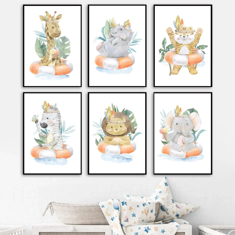 Настенная картина для детской комнаты постер с изображением Льва слона жирафа