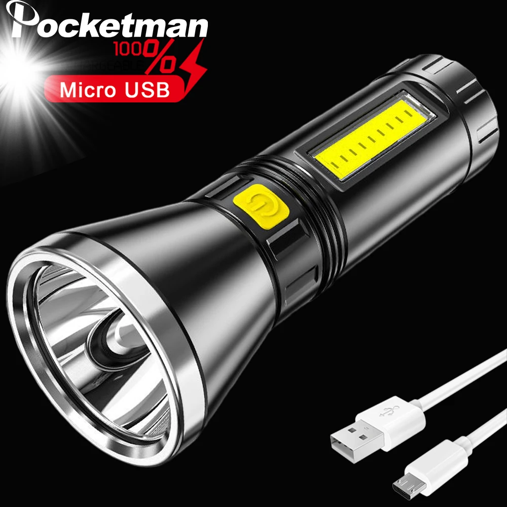 

500M Long Range LED Taschenlampe USB Aufladbare Taschenlampen Wasserdichte Taschenlampe mit COB Seite Licht Gebaut-in Batterie