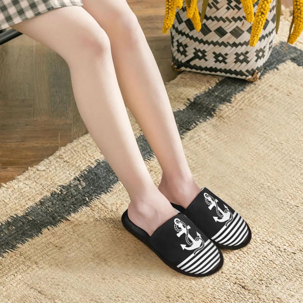 Custom Black White Nautical Stripes And Anchor Memory Foam Slippers Women Cozy Warm Sailing Sailor House
